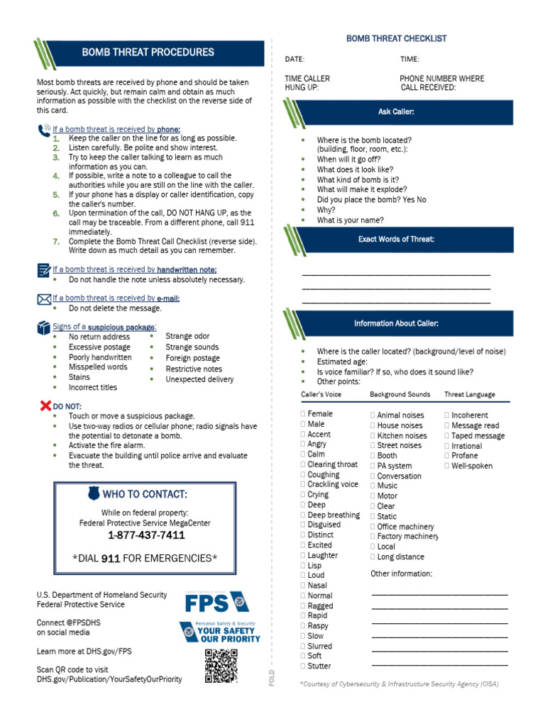 Bomb Threat Call Procedures Checklist | PDF | Telecommunications
