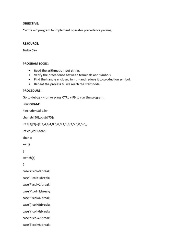 C Program for Operator Precedence Parsing | PDF | Formalism (Deductive ...