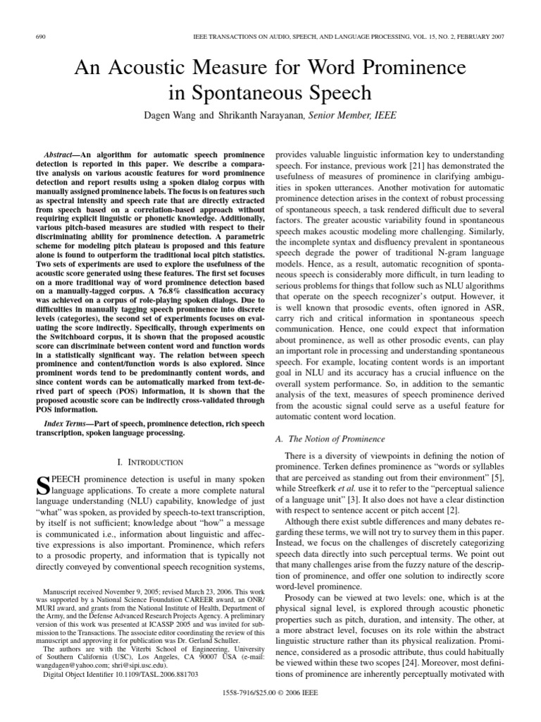 An Acoustic Measure For Word Prominence in Spontaneous Speech | PDF ...