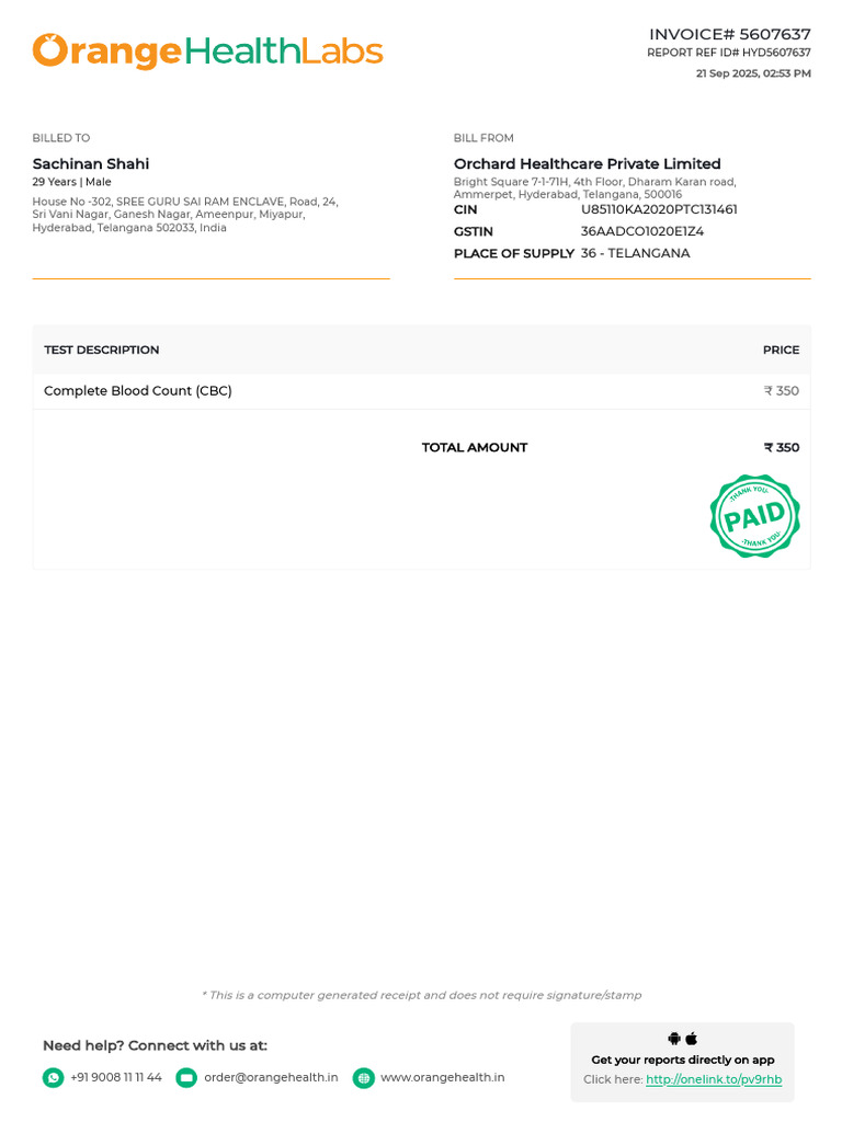 Invoice for Blood Test - ₹350 | PDF