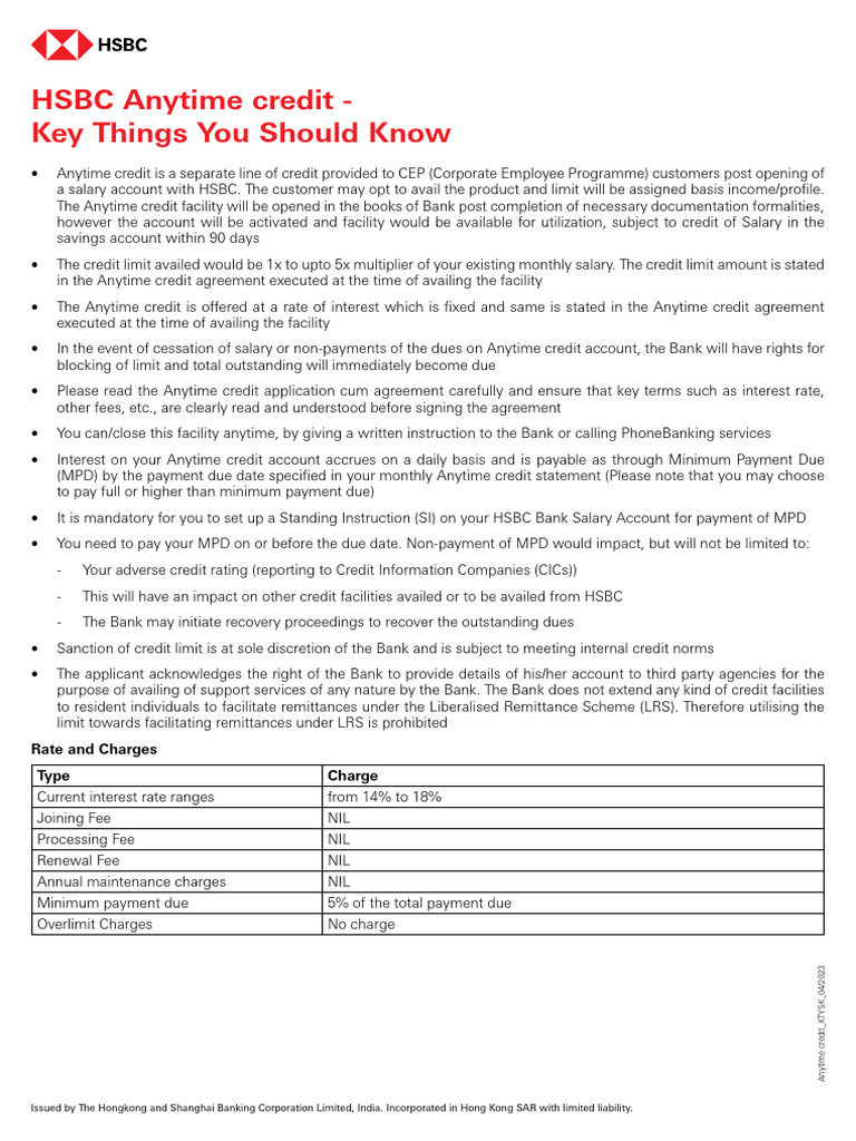HSBC Anytime Credit Key Things You Should Know | PDF | Banks | Salary