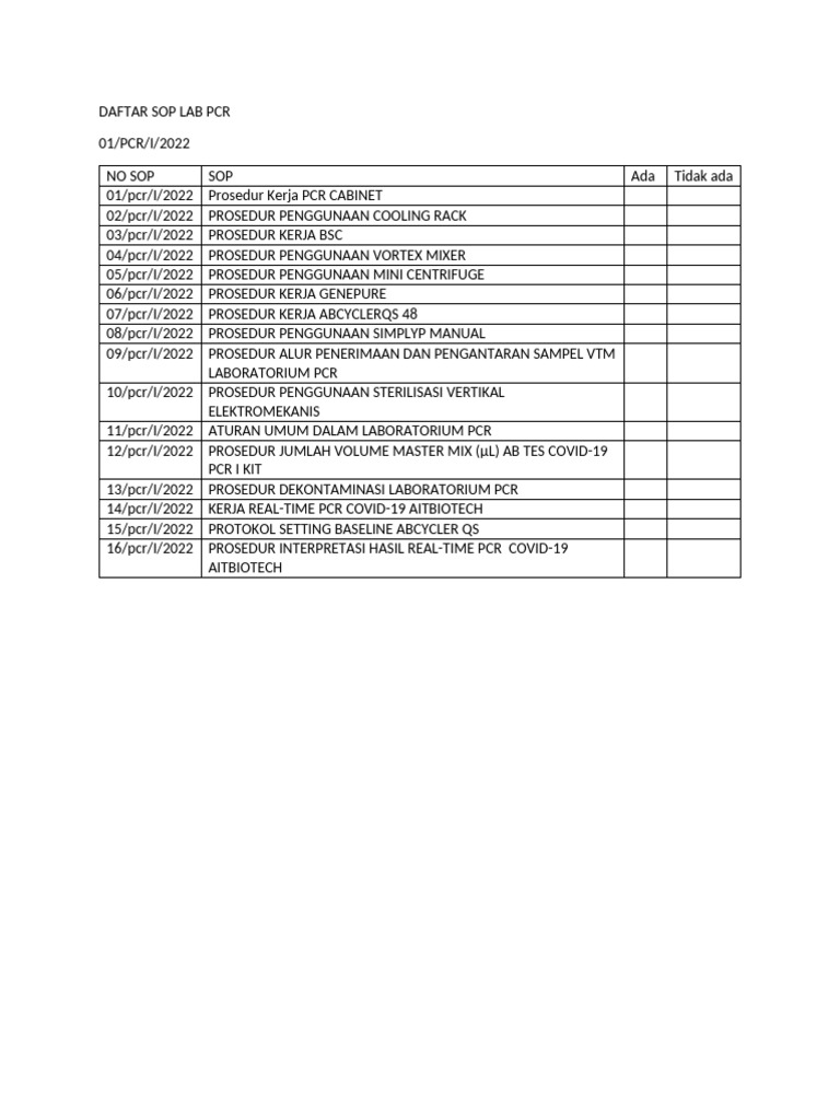 Daftar SOP Laboratorium PCR 2022 | PDF