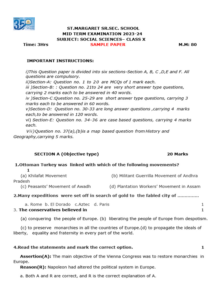 Social Science Mt Sample Paper 2024-25 | PDF | Unemployment | Agriculture