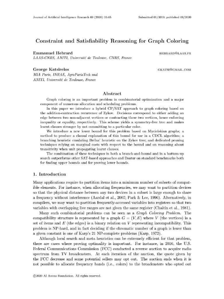 Constraint and Satisfiability Reasoning For Graph Coloring | PDF