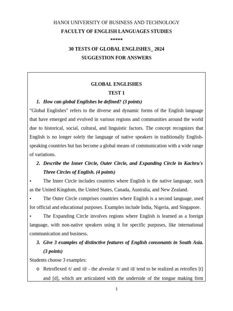 Global Englishes Test Answers 2024 | PDF | English Language | Verb