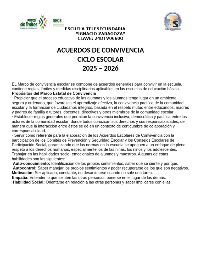 Acuerdos de Convivencia Escolar 2025-2026 | PDF | Escuelas | Enseñando