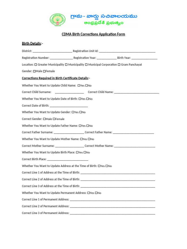 CDMA Birth Certificate Correction Form | PDF | Birth Certificate ...