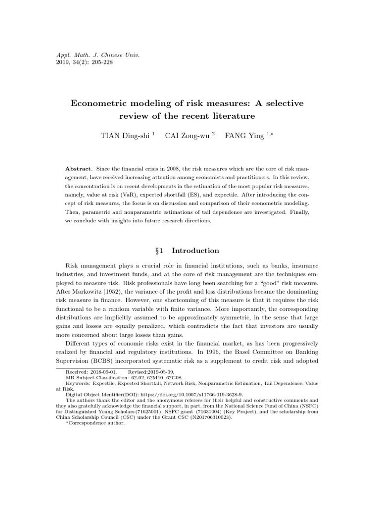 Tian2019 - Econometric Modeling of Risk Measures - A Selective Review ...