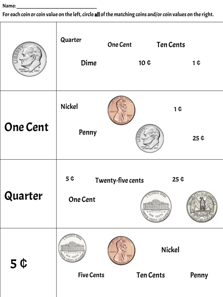 Coin Matching Activity Worksheet | PDF