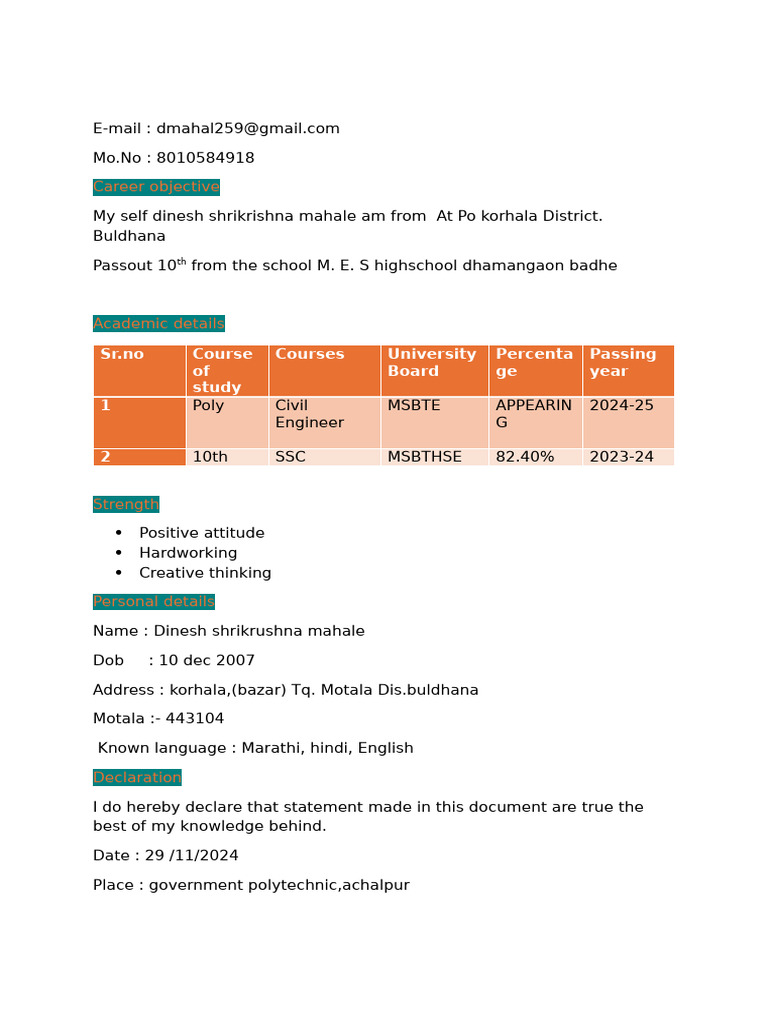 Dinesh Mahale's Academic Profile 2024 | PDF