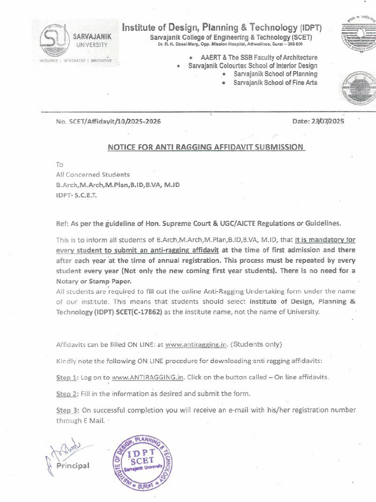Anti-Ragging Submission Notice... Arch.-2025 | PDF