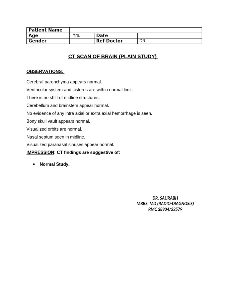 Normal CT Brain Scan Results | PDF