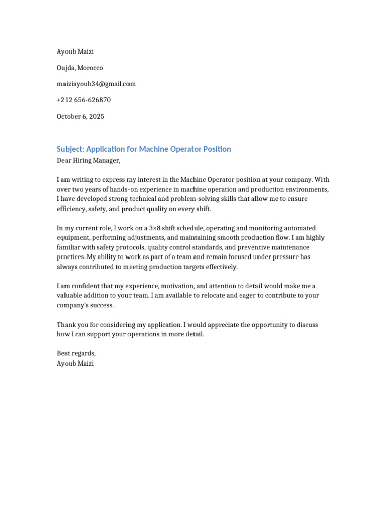 Ayoub Maizi Cover Letter Machine Operator | PDF