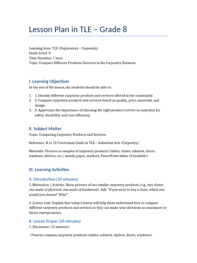Grade 8 Carpentry Product Comparison Lesson | PDF | Carpentry | Hardwood