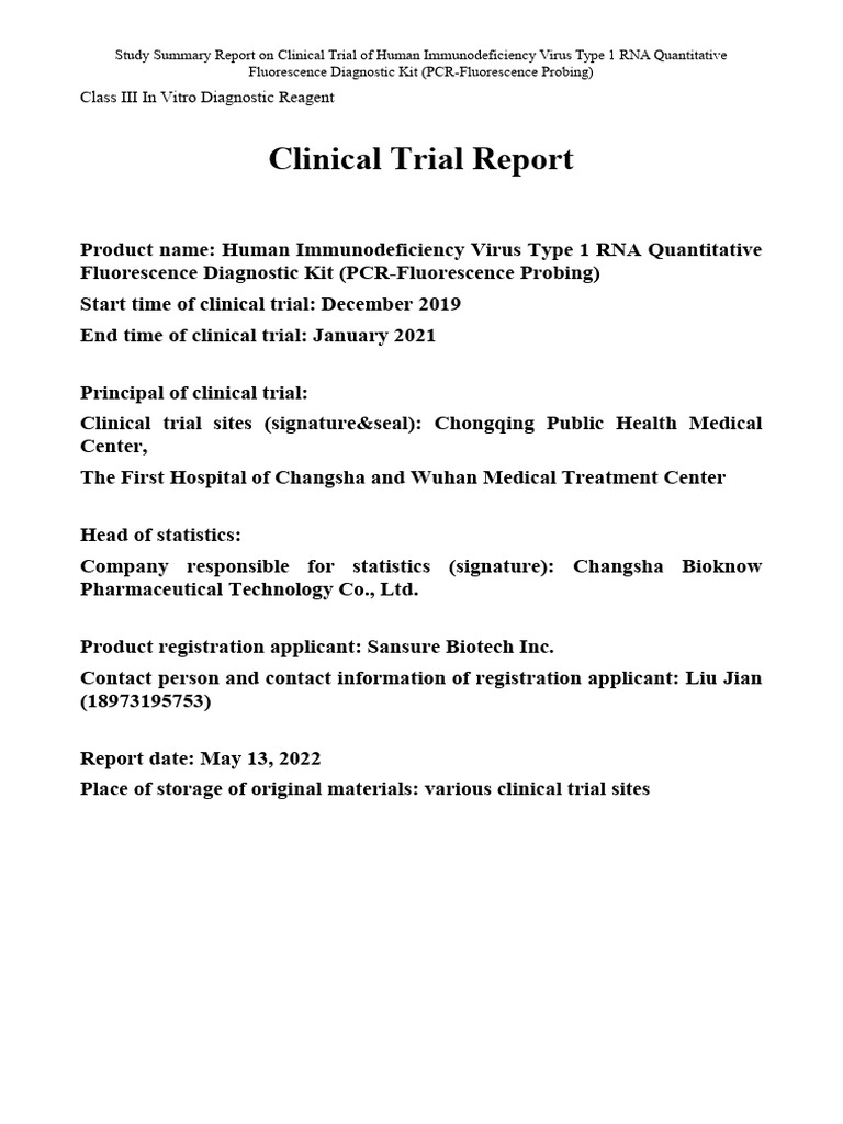 HIV-1 RNA Diagnostic Kit Clinical Trial Report | PDF | Infection ...