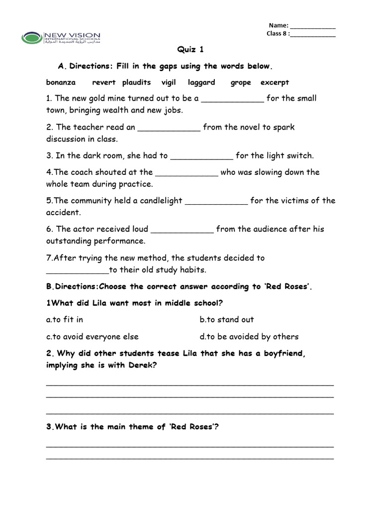 Class 8 Vocabulary and Reading Quiz | PDF
