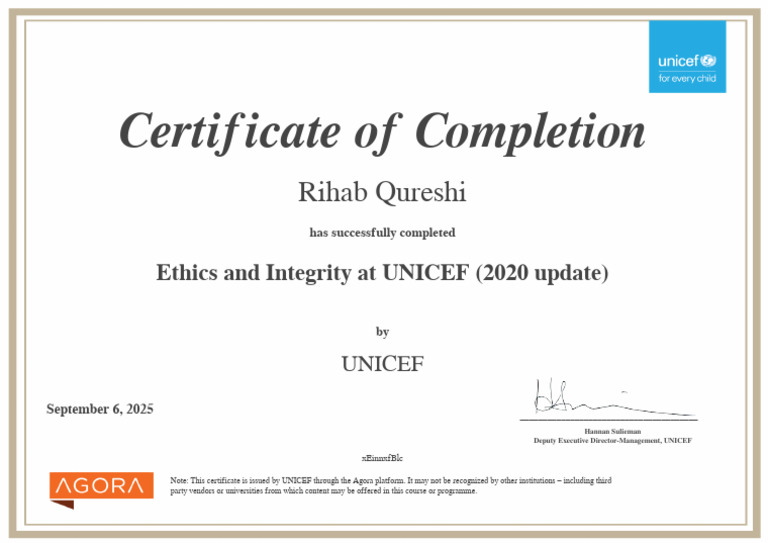 UNICEF Ethics and Integrity Certificate | PDF