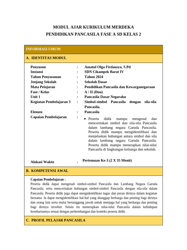 Modul Ajar Pancasila Kelas 2 SD | PDF