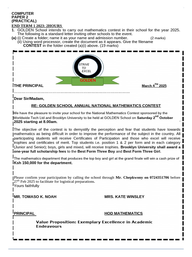Golden School Math Contest Invitation | PDF | Text