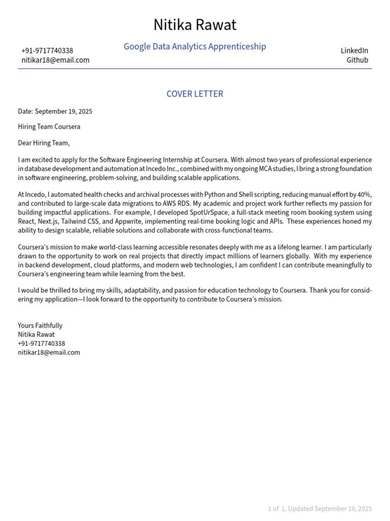 Coursera Software Engineering Internship Application | PDF