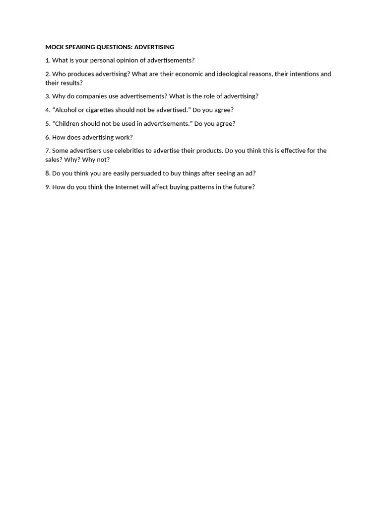 Mock Speaking Questions on Advertising | PDF