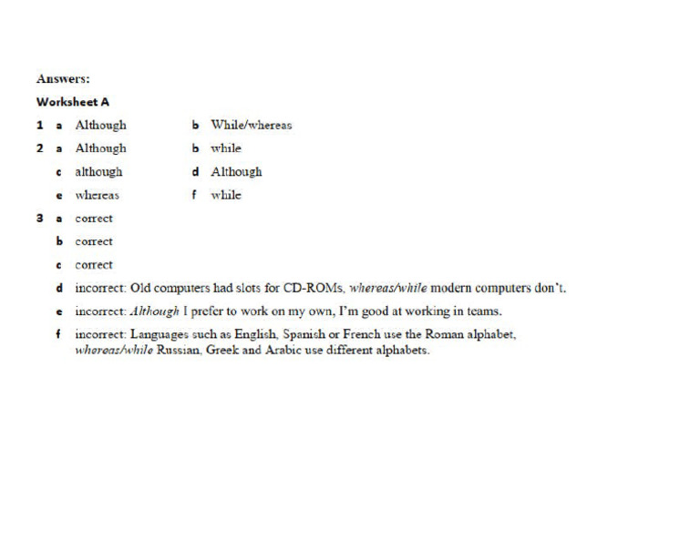Conjunction WS - Although, Whereas, While - Answer Key | PDF