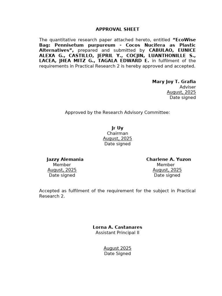 EcoWise Bag Research Approval Sheet | PDF