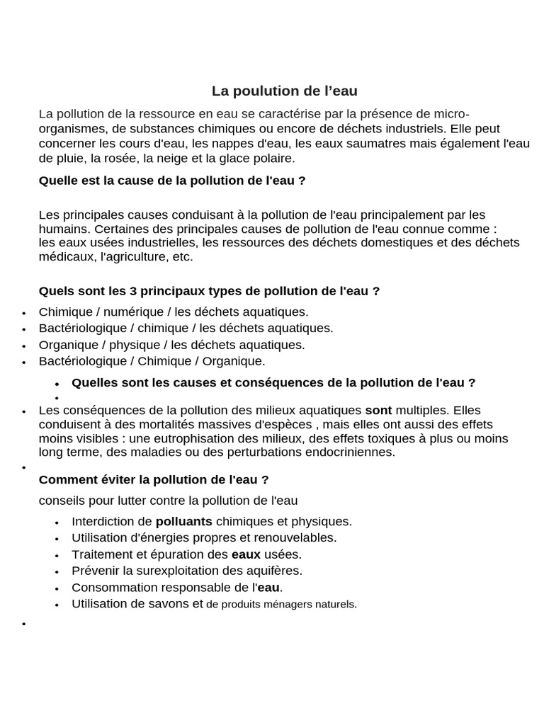 Causes et solutions de la pollution de l'eau | PDF