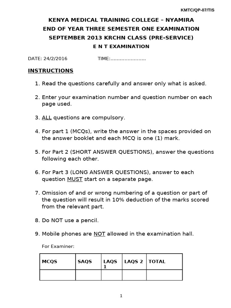 KMTC End of Year Exam: ENT 2016 | PDF | Human Head And Neck | Medical ...
