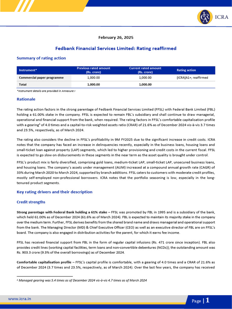 Fedbank Financial Services Limited | PDF | Loans | Unsecured Debt