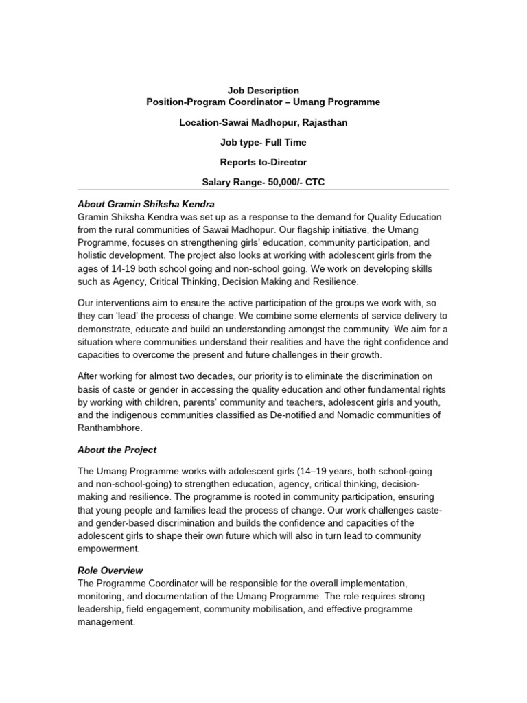 Program Coordinator Job - Umang Programme | PDF