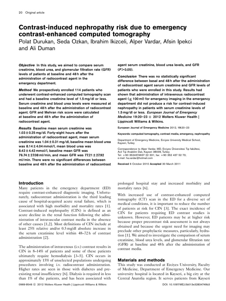 Contrast-Induced Nephropathy Risk Due To Emergency Contrast-Enhanced ...