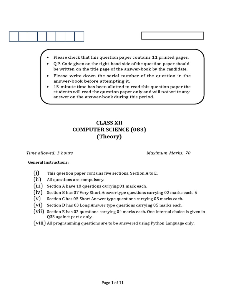 Class XII Computer Science Exam Paper | PDF | Parameter (Computer ...