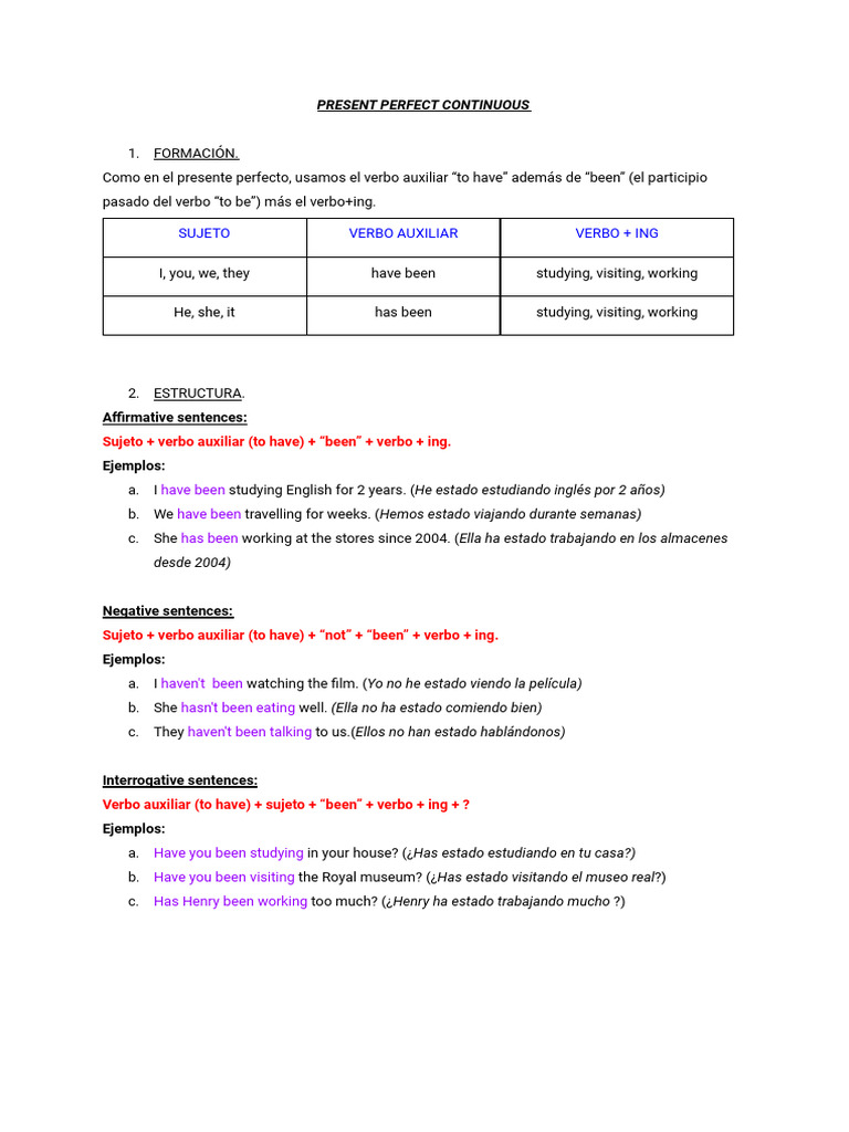 Present Perfect Continuous | PDF | Verbo | Mecánica del lenguaje
