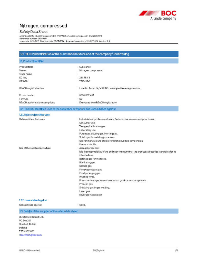 Application Bespoke Appendix G MSDS Nitrogen - 16102024 | PDF