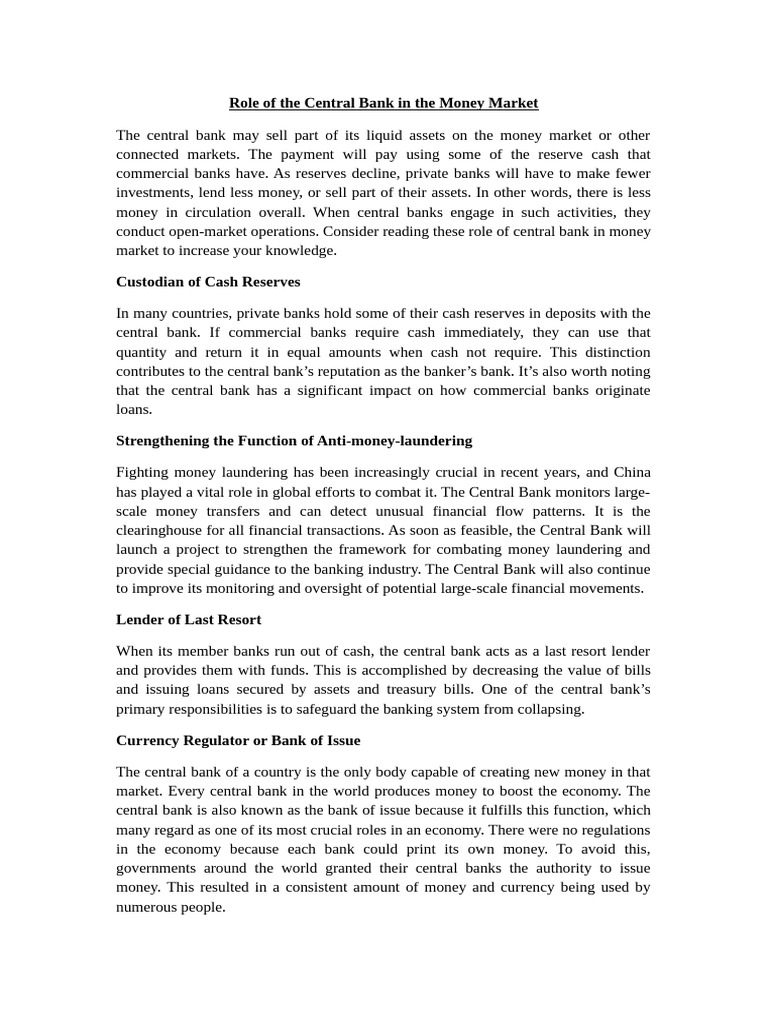 Central Bank's Role in Money Markets | PDF | Reserve Bank Of India | Money