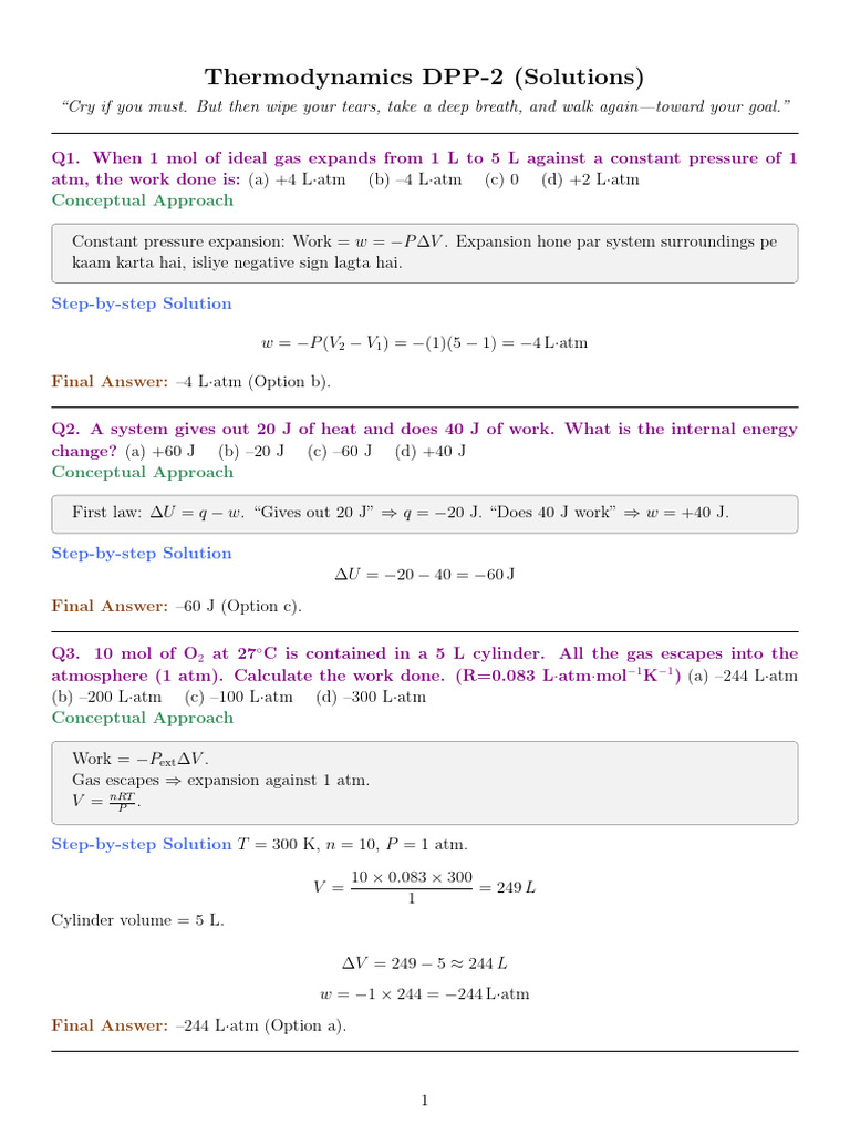 Thermodynamics DPP-2 Solutions Guide | PDF | Heat | Gases