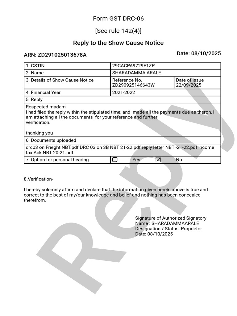 GST DRC-06 Reply to Show Cause Notice | PDF