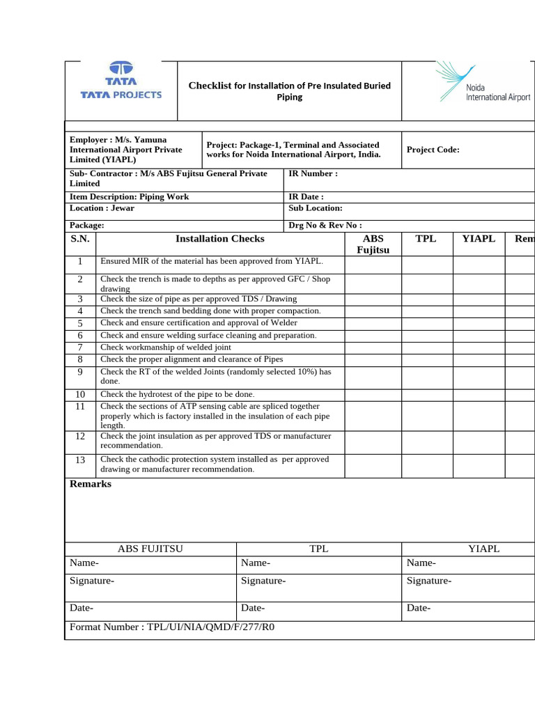 Pre-Insulated Piping Installation Checklist | PDF