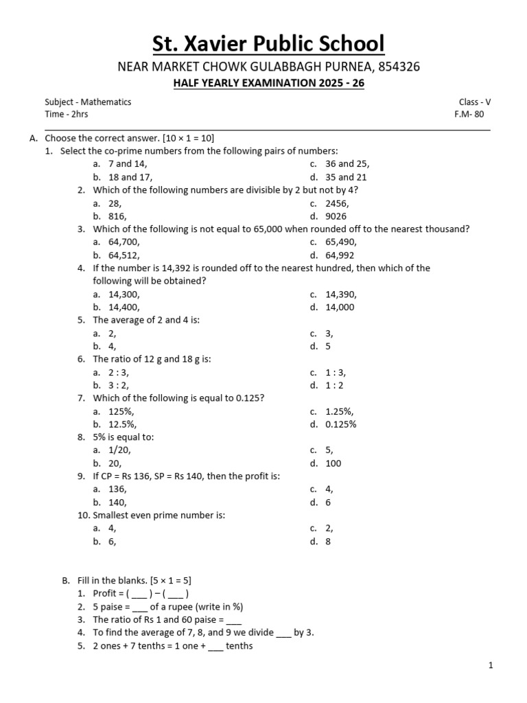 Class 5 Maths Half-Yearly Exam 2025-26 | PDF | Ratio | Number Theory
