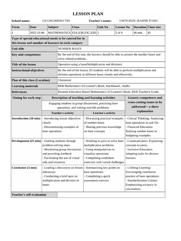 Lesson - Plan - MATHEMATICS - Operation Using A Base (Multiplication ...