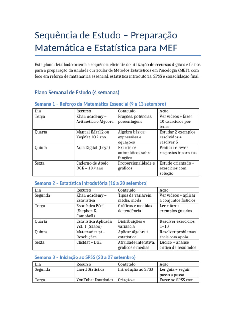 Plano de Estudo para MEF: Matemática e Estatística | PDF | Matemática ...