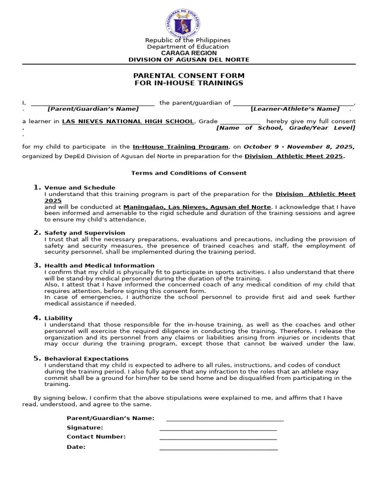 Parental Consent for In-House Training | PDF | Consent