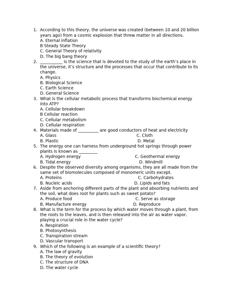 Science Quiz: Concepts and Theories | PDF | Ecosystem | Chemical Elements