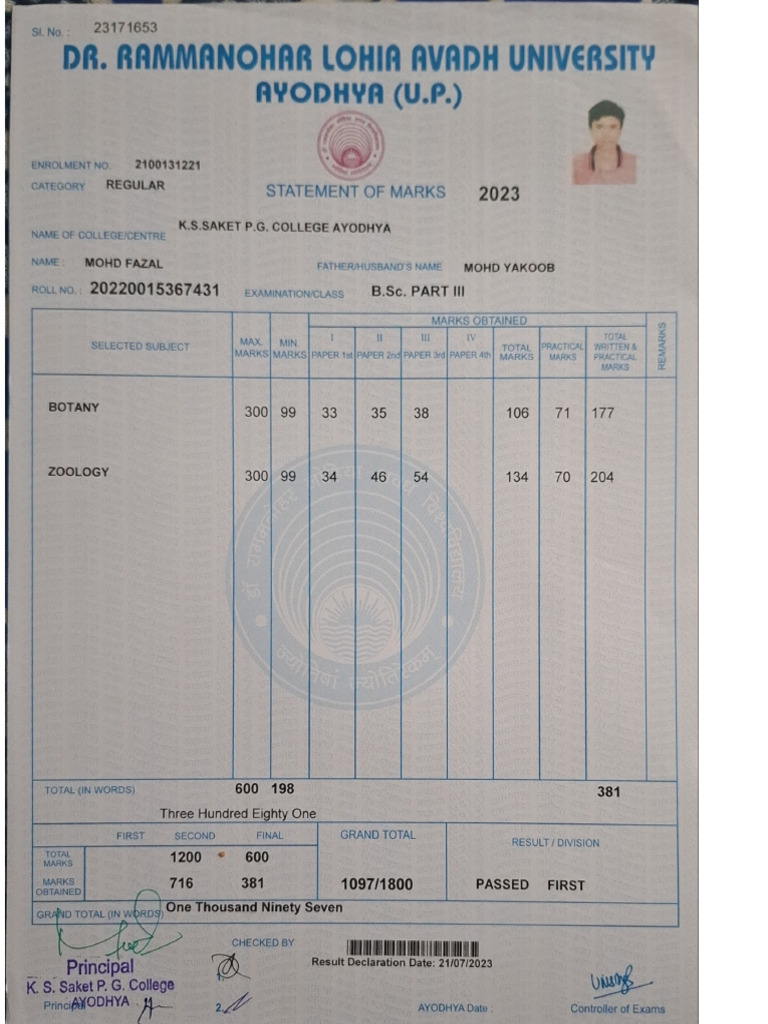 Fazal Final Marksheet | PDF