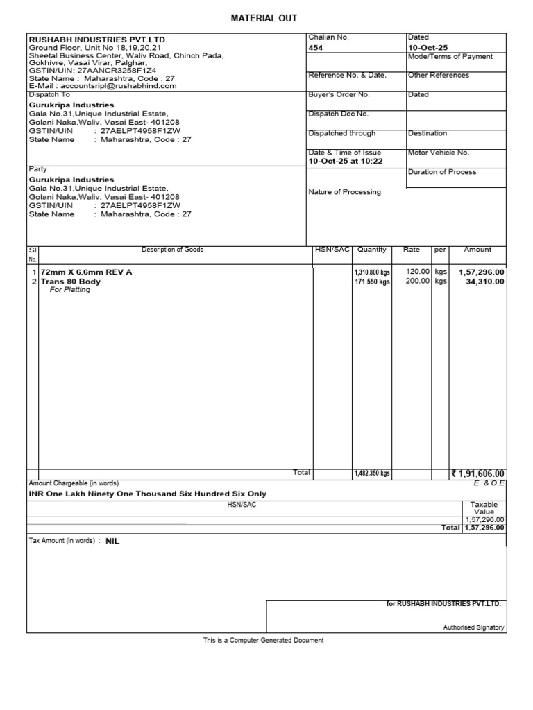 Material Dispatch Document - Rushabh Industries | PDF | Taxes | Payments