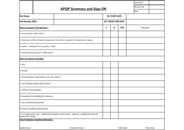 APQP Mass Production Checklist | PDF
