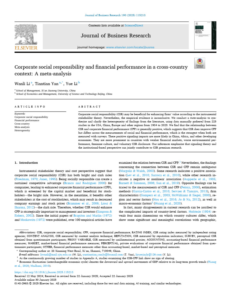 CSR Impact on Financial Performance: Meta-Analysis | PDF | Corporate ...