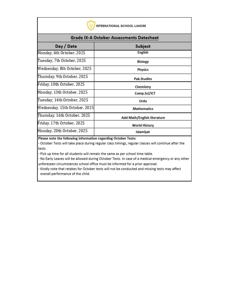 Grade IX-A October Exam Schedule 2025 | PDF