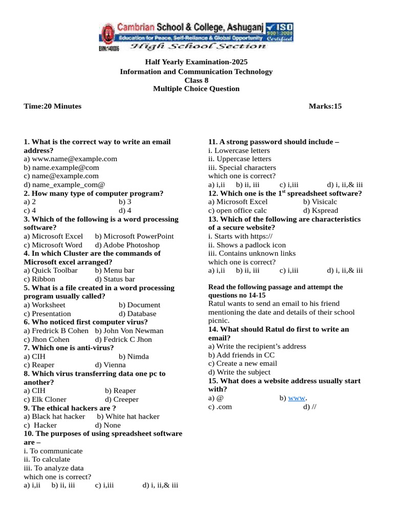 Class 8 ICT Half-Year Exam 2025 | PDF | Microsoft Excel | Computer Virus